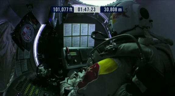 Baumgartner within the Stratos capsule at an altitude of about 20 miles (32 km) (Photo: Red Bull Stratos)