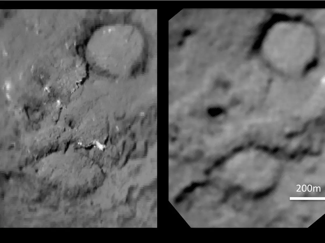 A "before" and "after" comparison of the area of Tempel 1 that was hit by the projectile from NASA's Deep Impact spacecraft in 2005 (Credit: NASA)