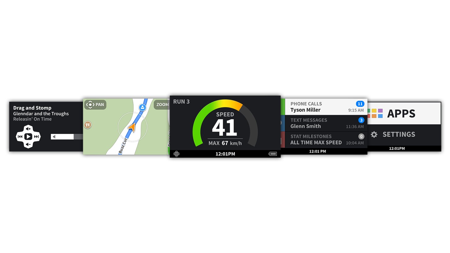 Five screens give access to navigation, music control, smartphone connectivity, real time stats and buddy tracking.