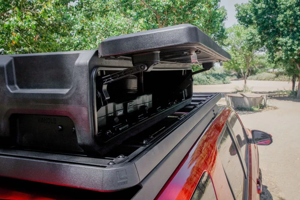 Everything is neatly integrated from the locking clamps that mount GearPod to ACS Roof rack, to the gas struts that pop the hatch open, to the locking knobs on the face of the GearPod