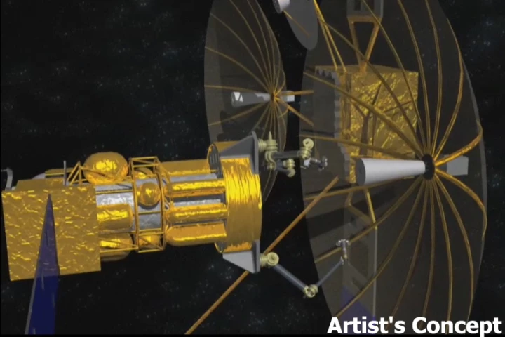 A rendering of DARPA's proposed tender satellite, in the process of removing the antenna from a defunct satellite