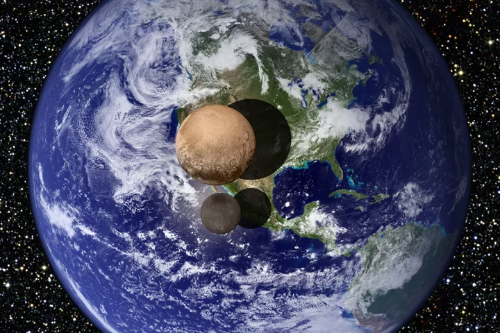 Pluto and its moon Charon, compared to Earth