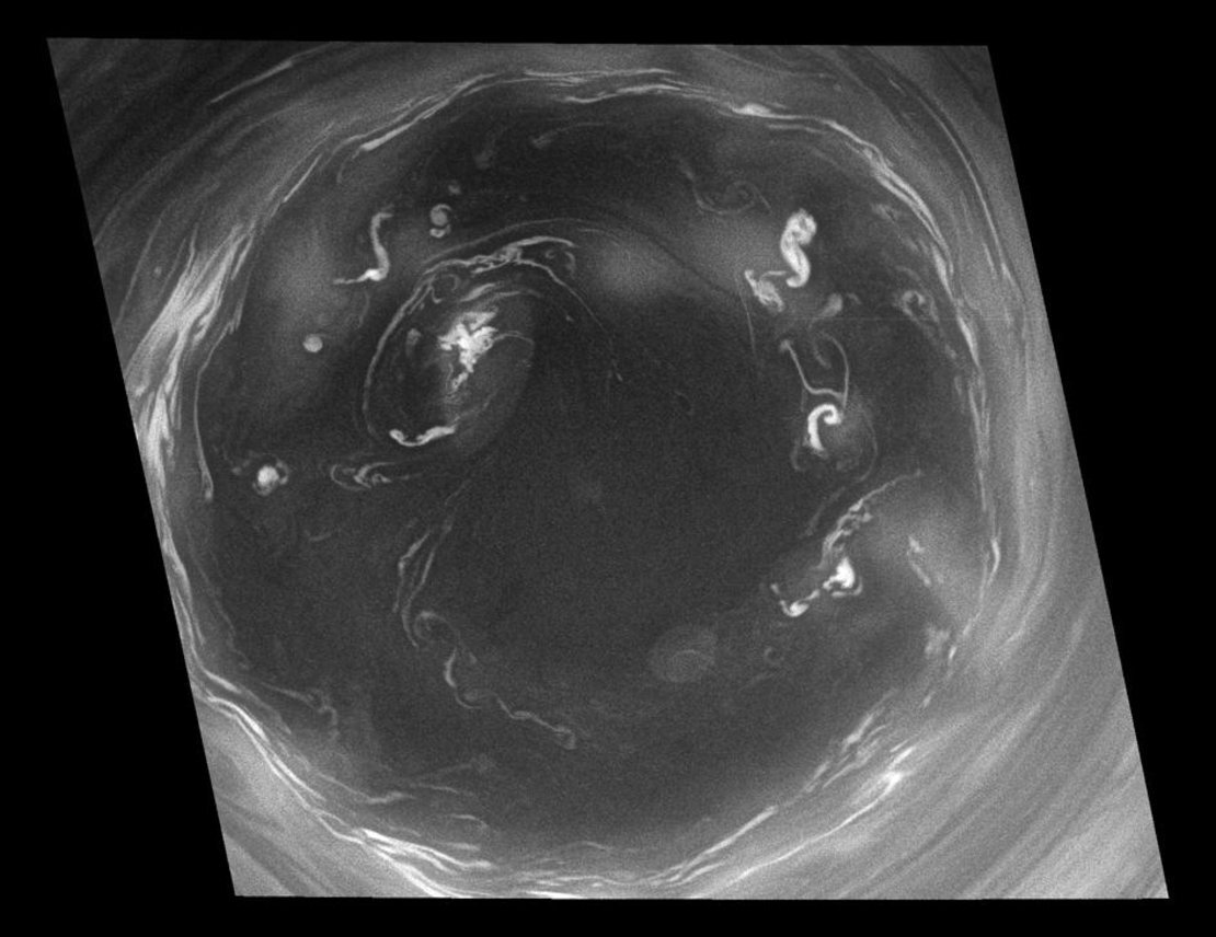 Composite image of Saturn's southern polar vortex, which spans roughly two thirds the diameter of Earth