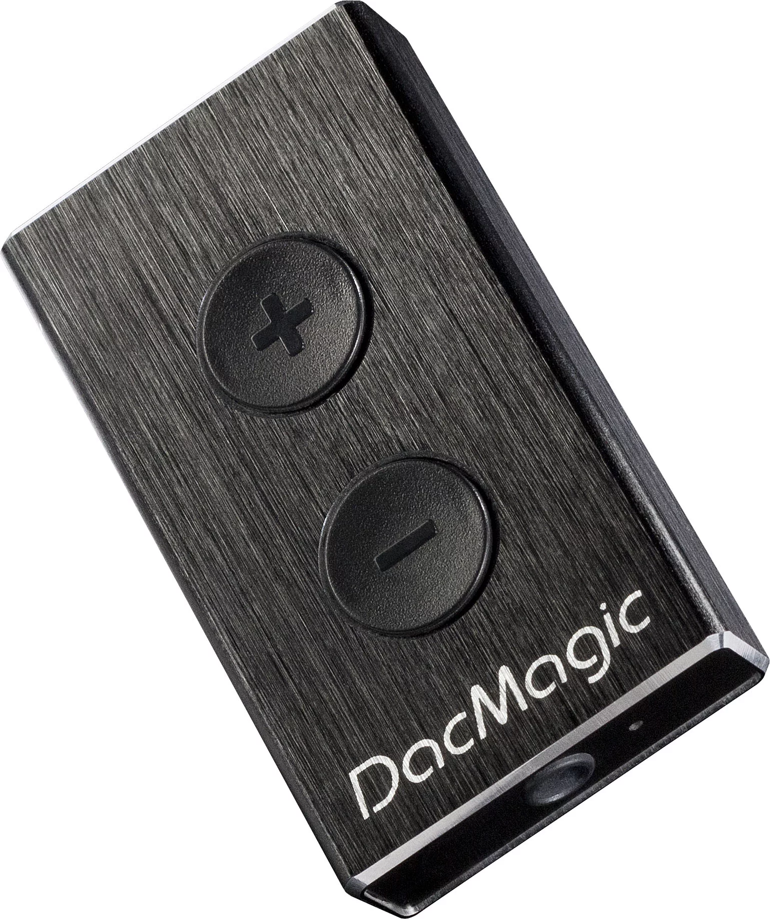 The front of the black brushed aluminum housing has analog up and down volume controls