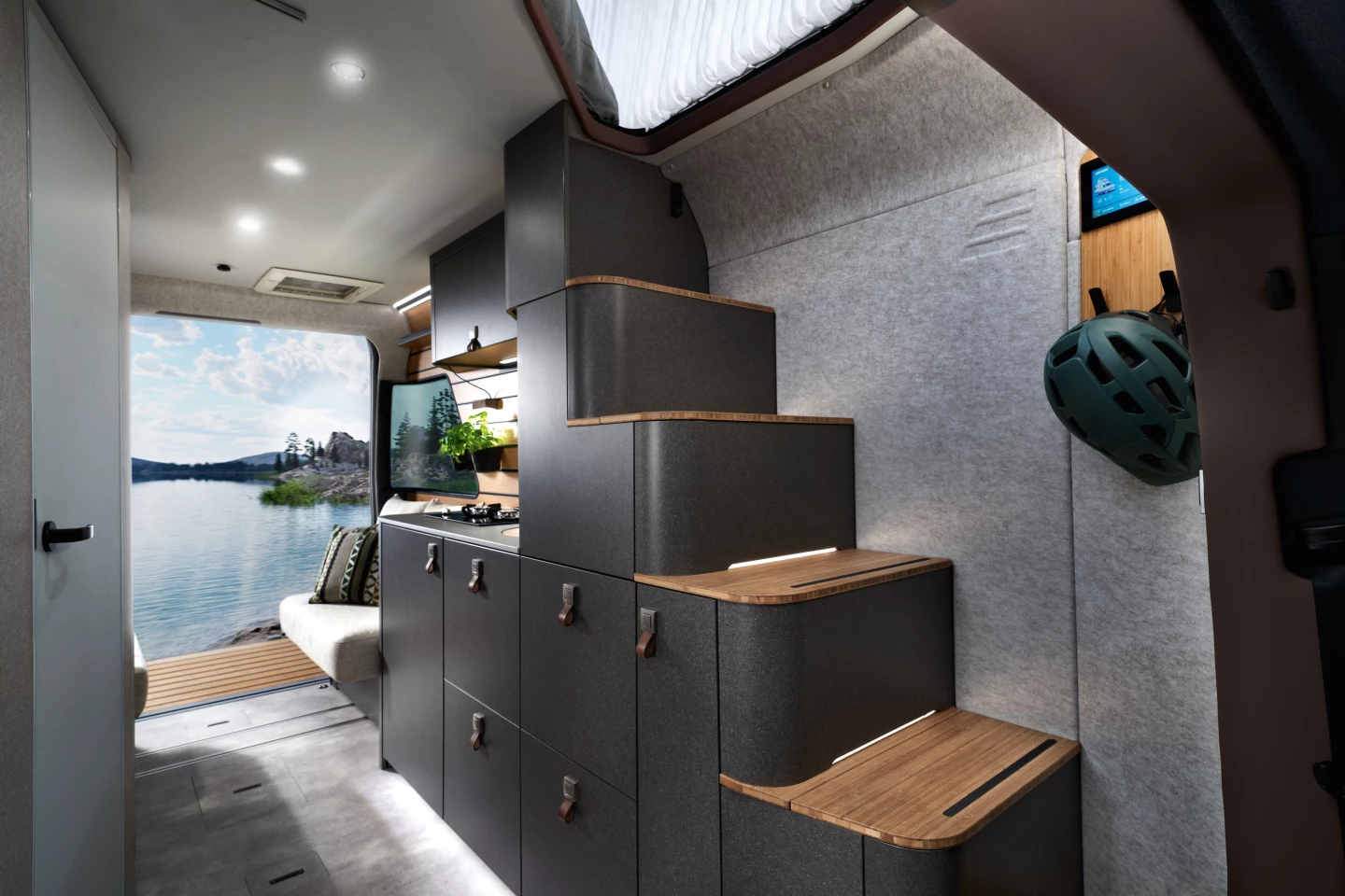 The Hymer Venture S' signature staircase replaces the usual ladder and includes integrated lighting and under-tread storage