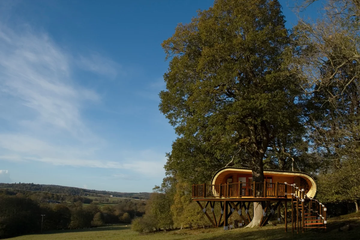Eco-PERCH is a prefabricated treehouse that provides a low-impact hideaway for four guests