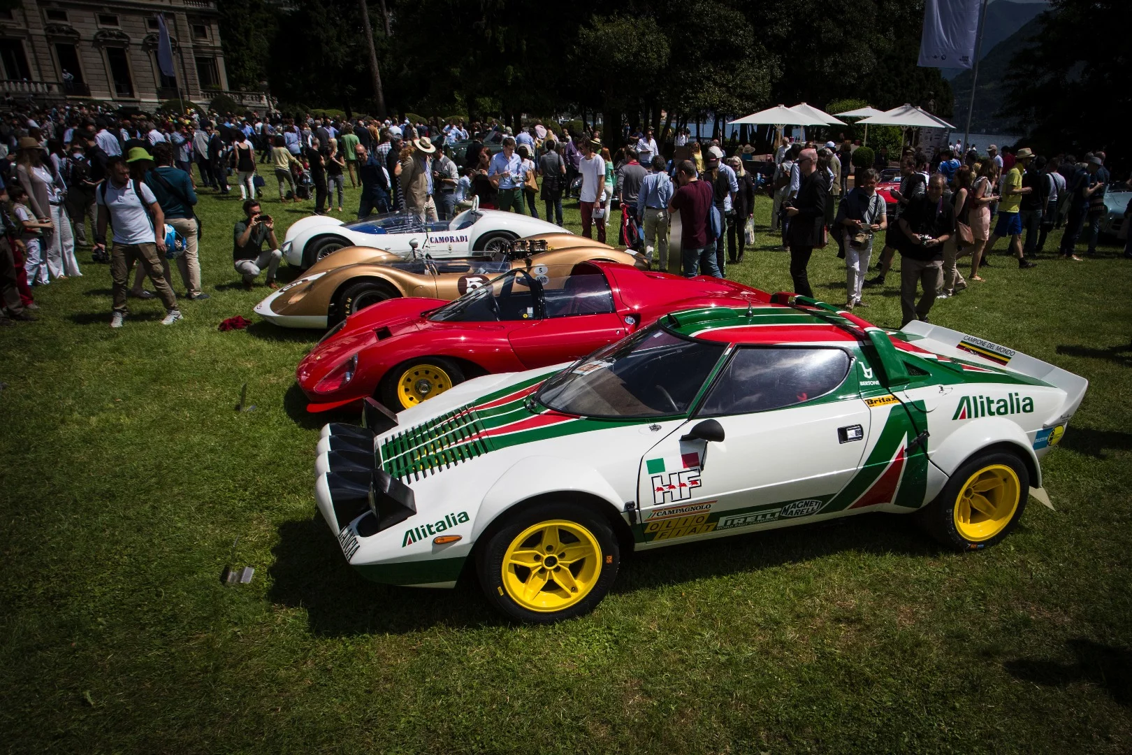 From closest, a 1976 Lancia Stratos, a 1966 Ferrari Dino 206S, a 1964 McLaren M1-A and a 1959 Maserati 60/61 "Birdcage"