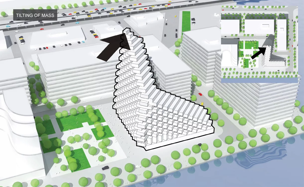 Shared amenities include a communal terrace, pool area, and a large retail area on the first floor