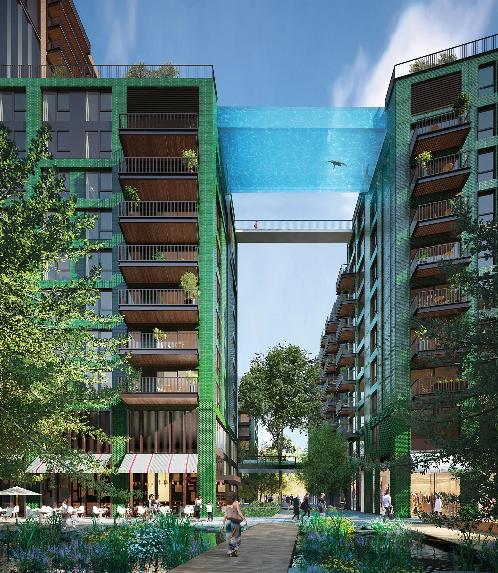 The Sky Pool is suspended at a height of 35 m (114 ft) between two apartment buildings