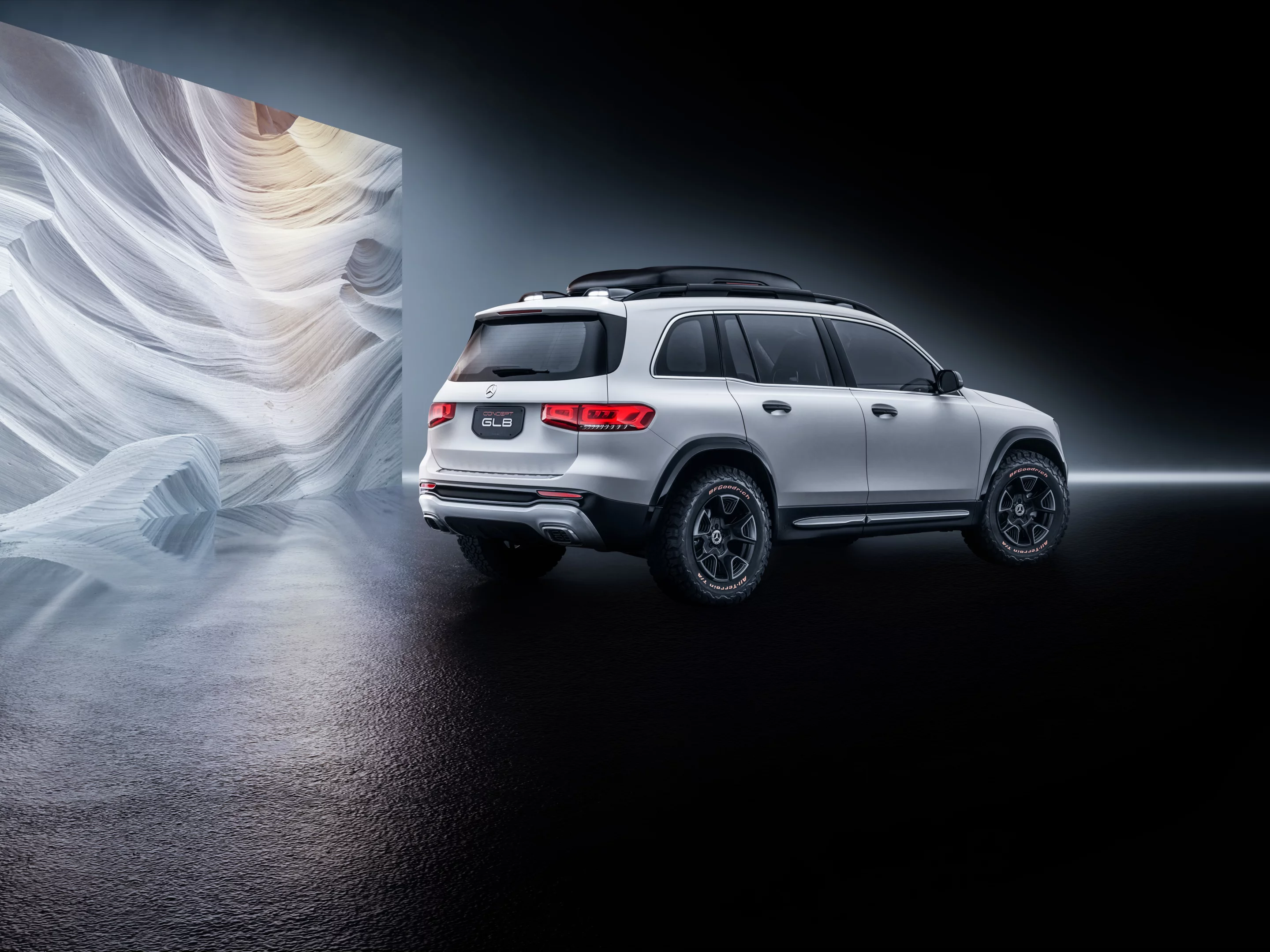 Large off-road-ready tires and a roof-mounted gear rack finish the more ready-for-action appearance of the GLB