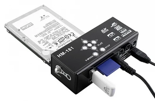 The Brando SATA HDD Multi-Media Player Adapter works with SATA hard drives, SDHC cards, and USB storage devices