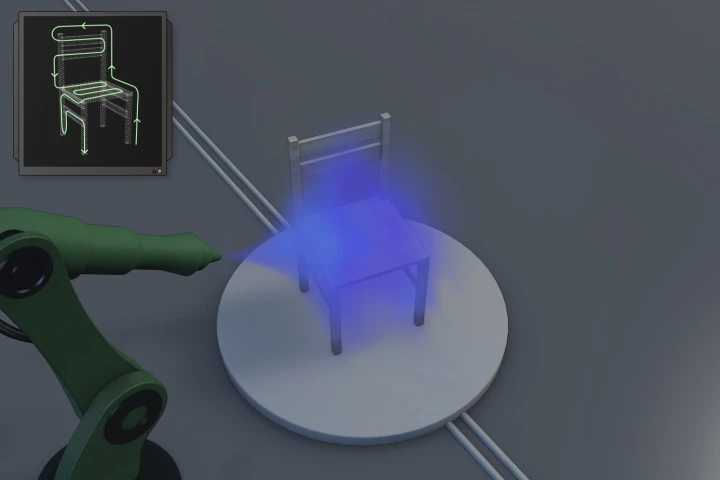 A SelfPaint-guided robot paints a chair, with its calculated "painting path" seen in the inset