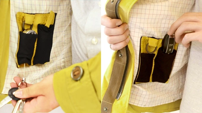 Purpose-built pockets store items like keys