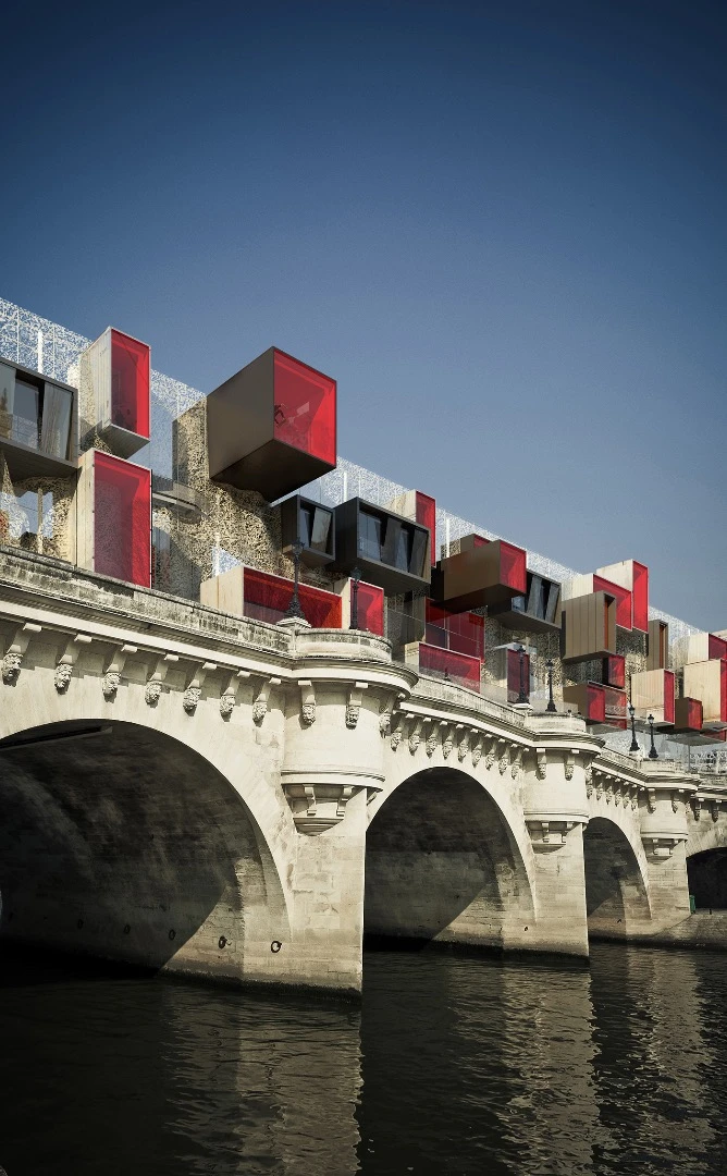 From Malka Architecture comes a concept called Pont9 New Bridge. Referred to as a micro-city, the design is modular, mounted on scaffolding, and intended to sit on top of other urban spaces such as footbridges