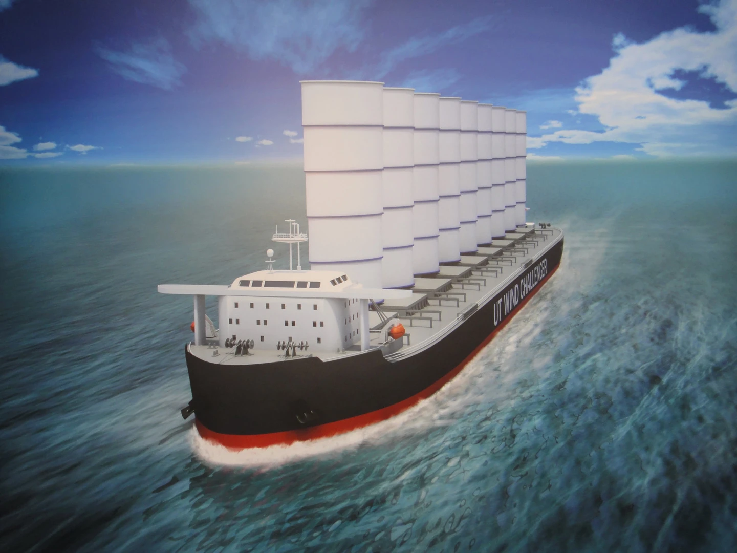 Artist's rendition of a cargo ship equipped with the Wind Challenger Project system of sails