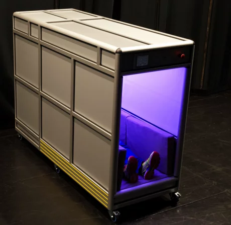 The OrbisBox weighs 240 kg (529 lb), and can be moved around on its wheels