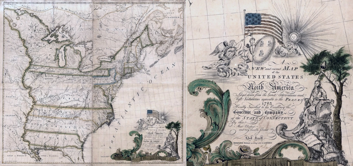 This is the first map of the United States printed in America by an American and one of just seven extant copies. It depicts the boundaries of the new American nation and shows the "Stars and Stripes" for the first time.