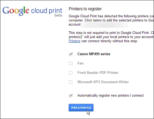 Registering a classic printer to a Google account