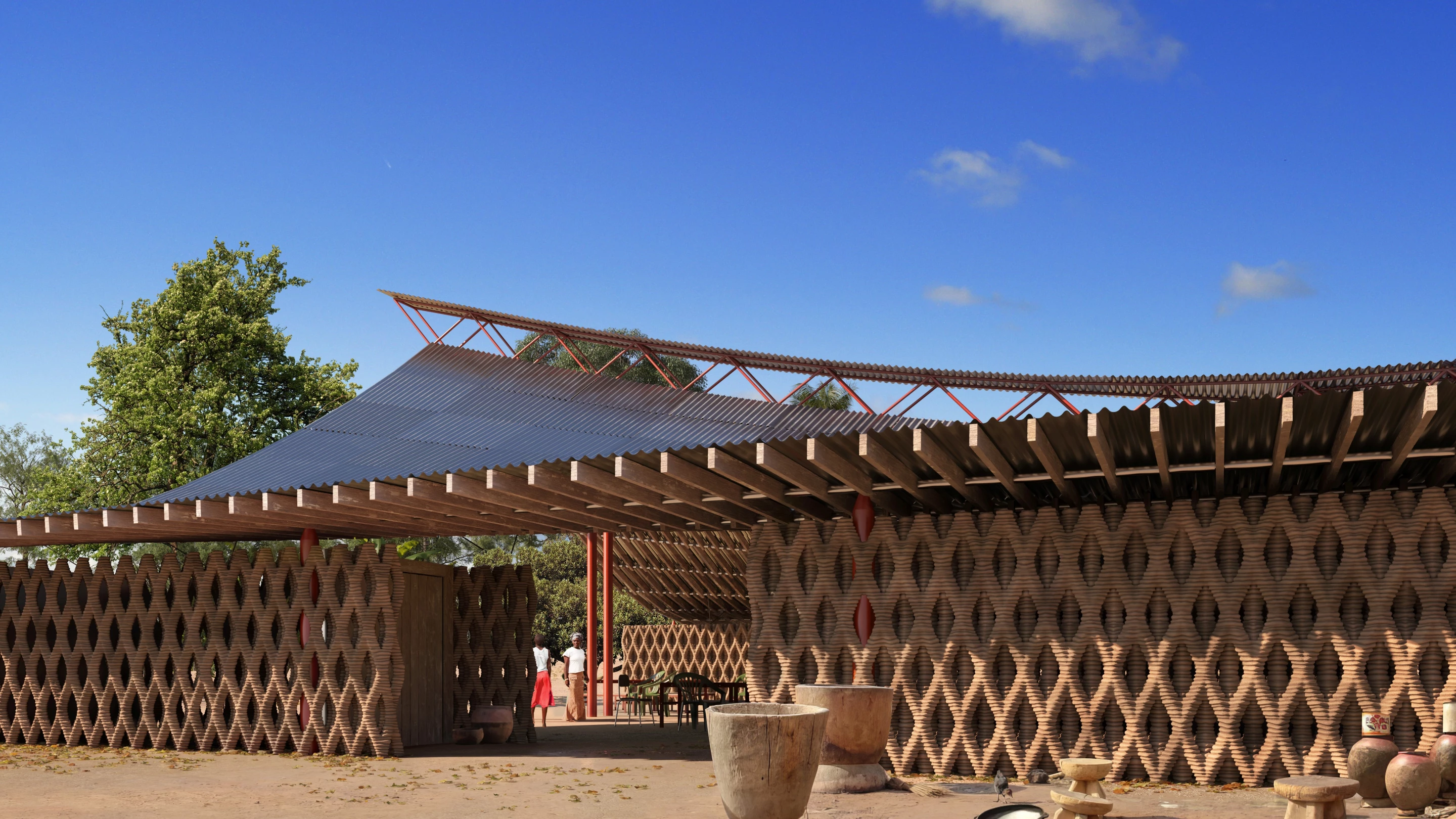 The community center will feature a patterned roof made from locally sourced timber