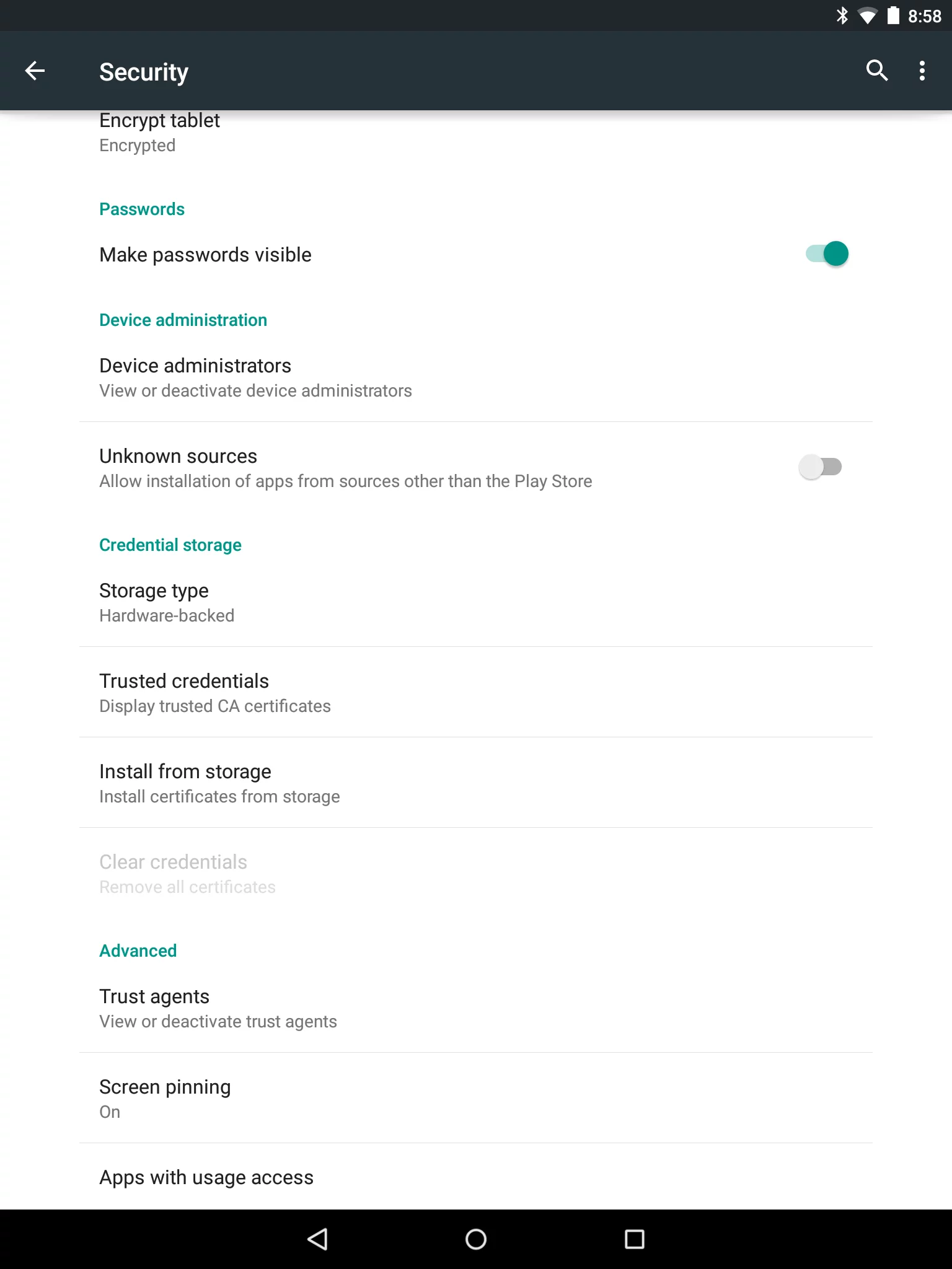 Screen pinning can be enabled in security settings