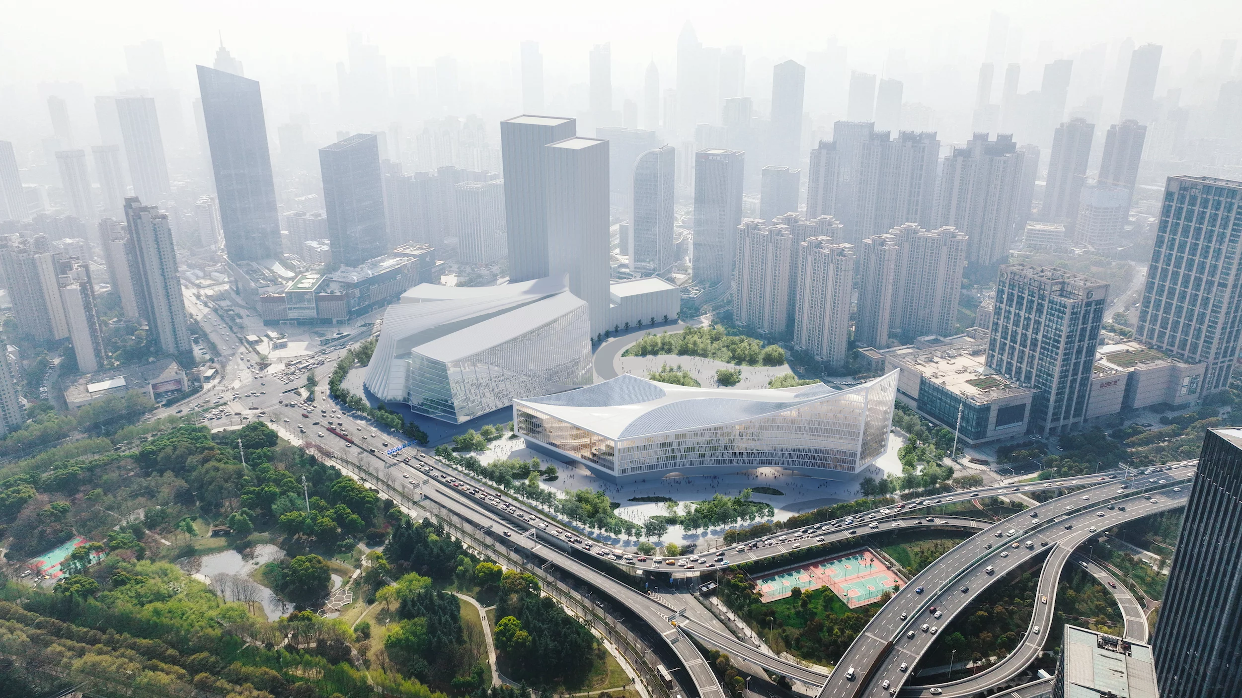 Wuhan Library will be located in the Chinese city's Business District and its overall design is influenced by its location near the confluence of two rivers
