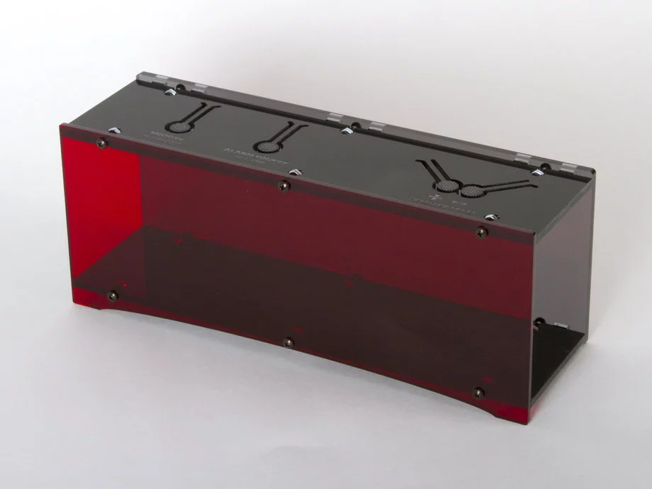 The standard Alpha Clock Five case, with laser-engraved buttons