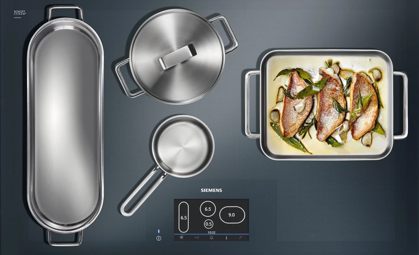 Siemens' full-surface induction cooktop allows up to four pieces of cookware to be placed anywhere on its surface