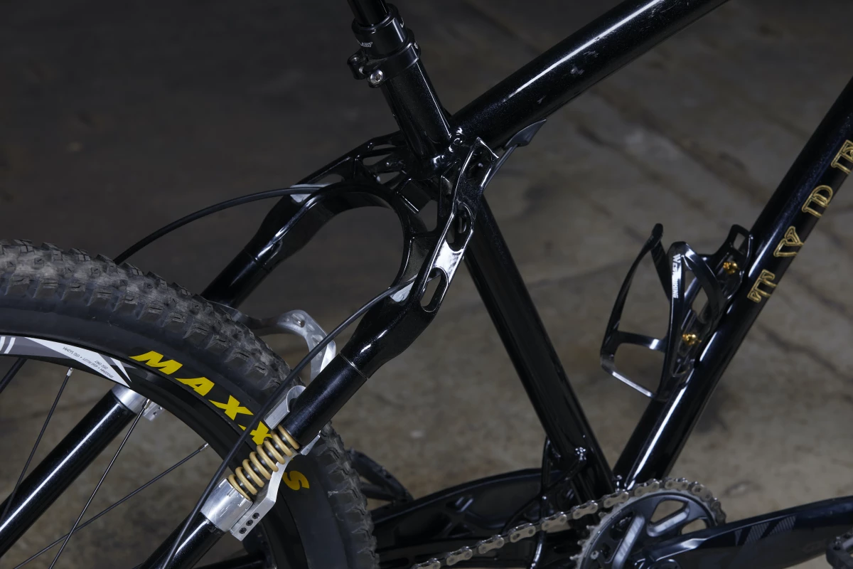A close view of the 57x's seat-stay-integrated shock absorbers (lower left), which work with two others in the chain stays