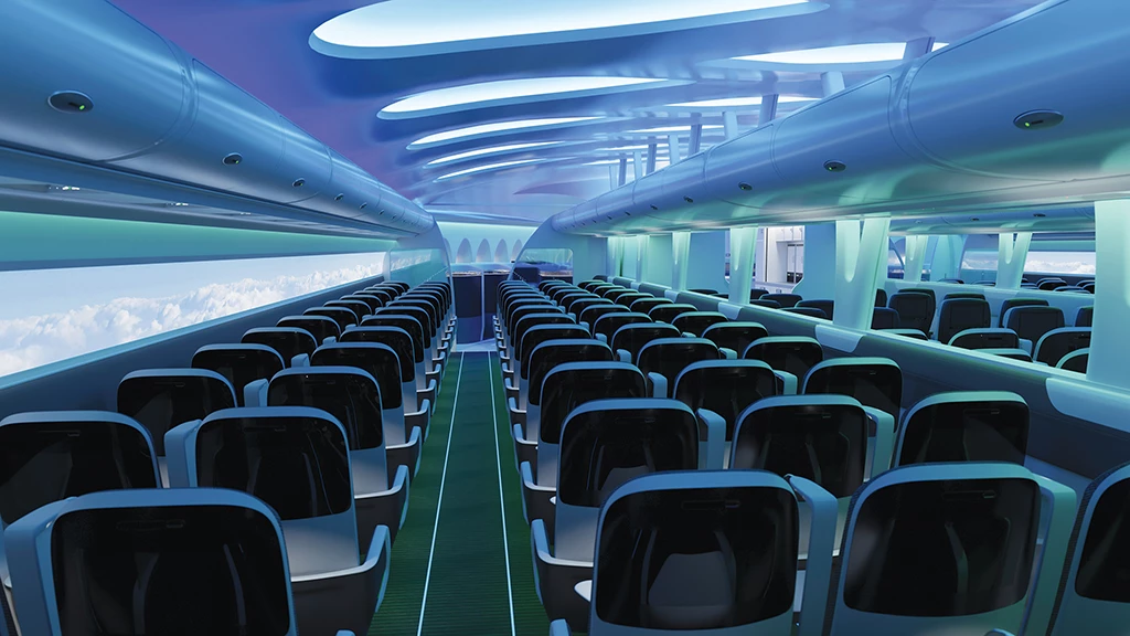 Huge, broad cabin appears to have panoramic windows and skylights in this render