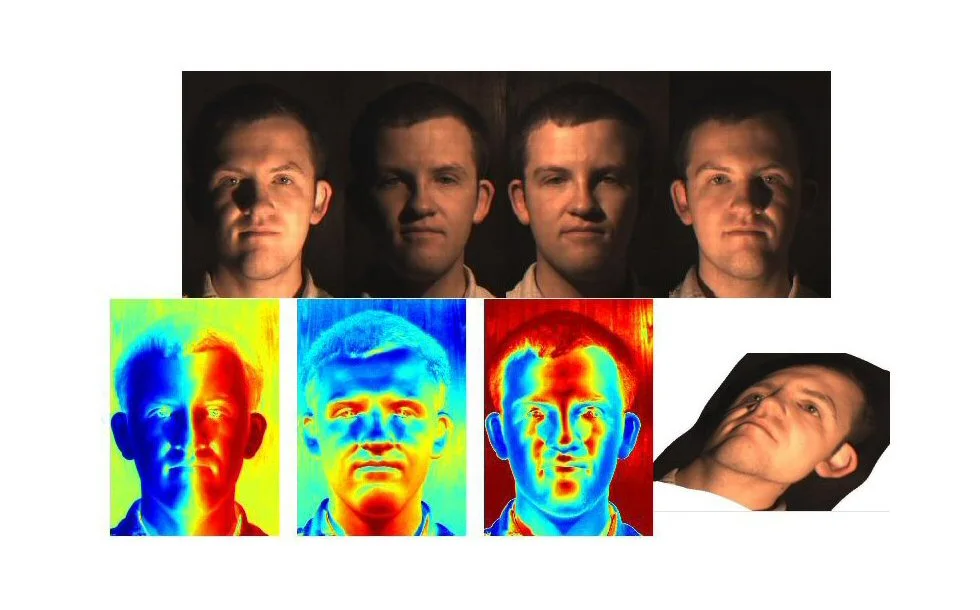 Four flash photographs of a volunteer were taken from different angles and special software analyzed all the shadows, colors, surface orientation and depth of each point on a face to produce a composite image of unparalleled detail