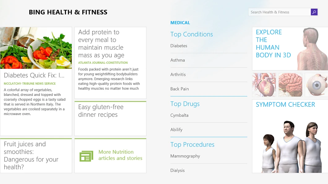 Bing Health & Fitness includes ways to track your exercise and diet as well as medical advice