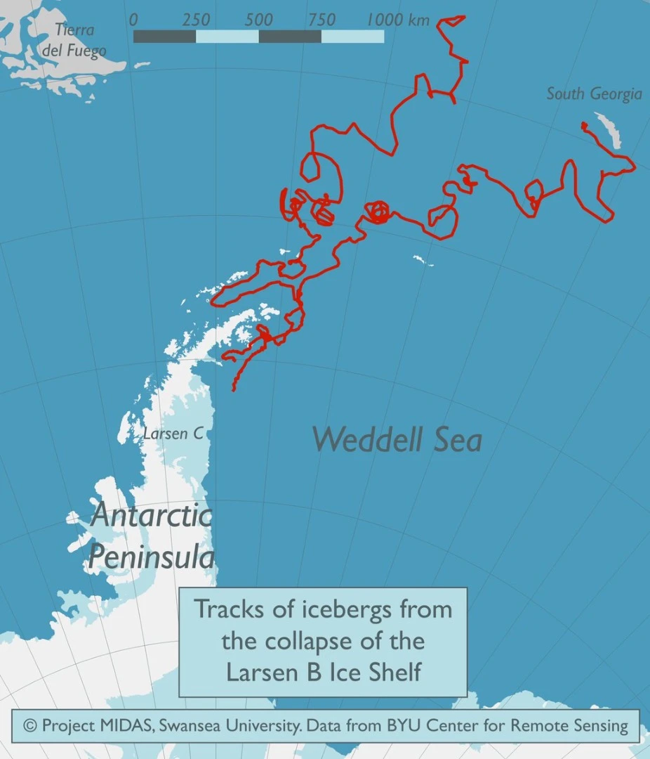 When the Larsen B Ice Shelf released an iceberg in 2002 researchers tracked the movement of the resulting mass