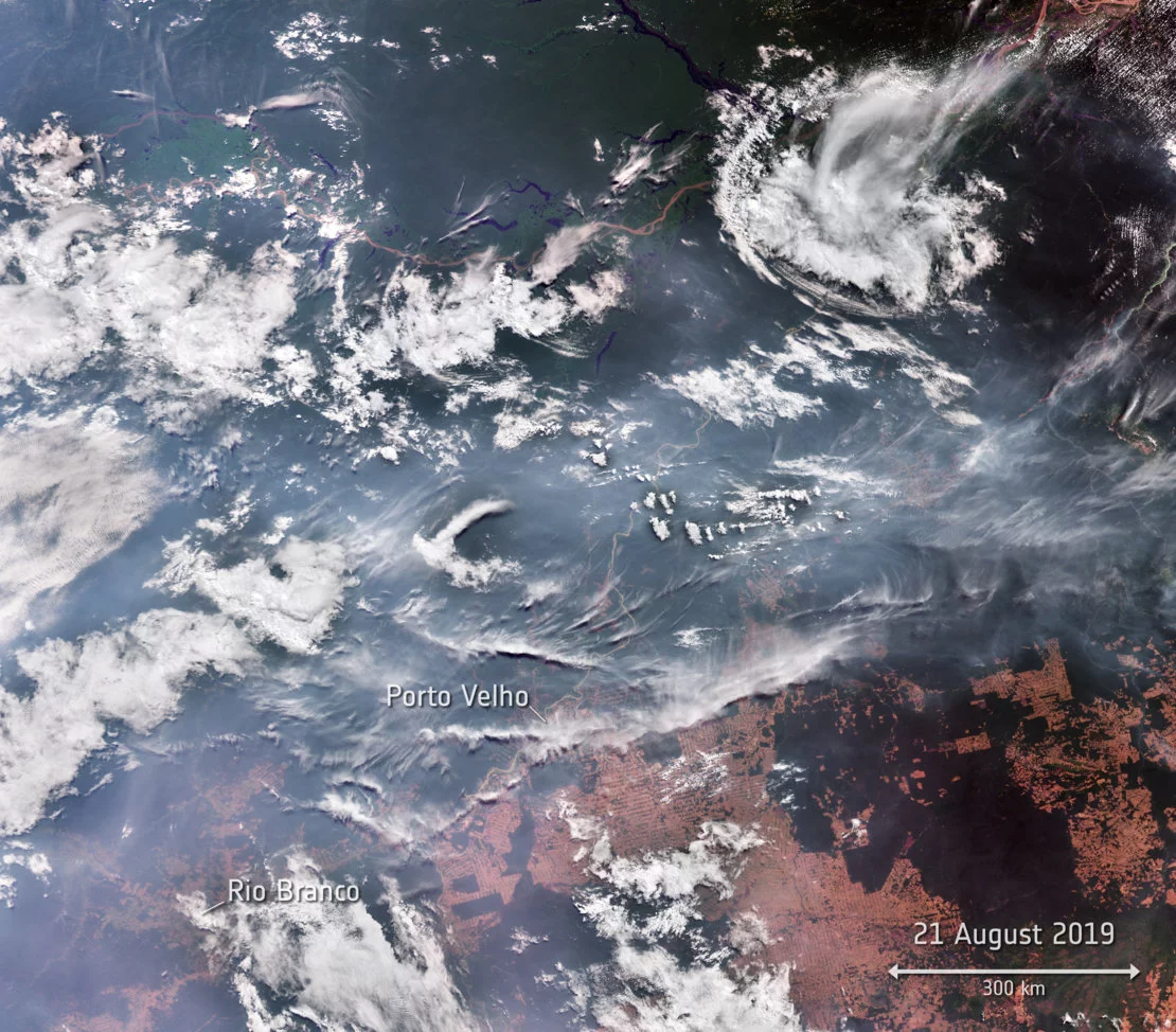 An orbital view of the fires and smoke plumes hanging over the Amazon rain forest, captured on August 21, 2019