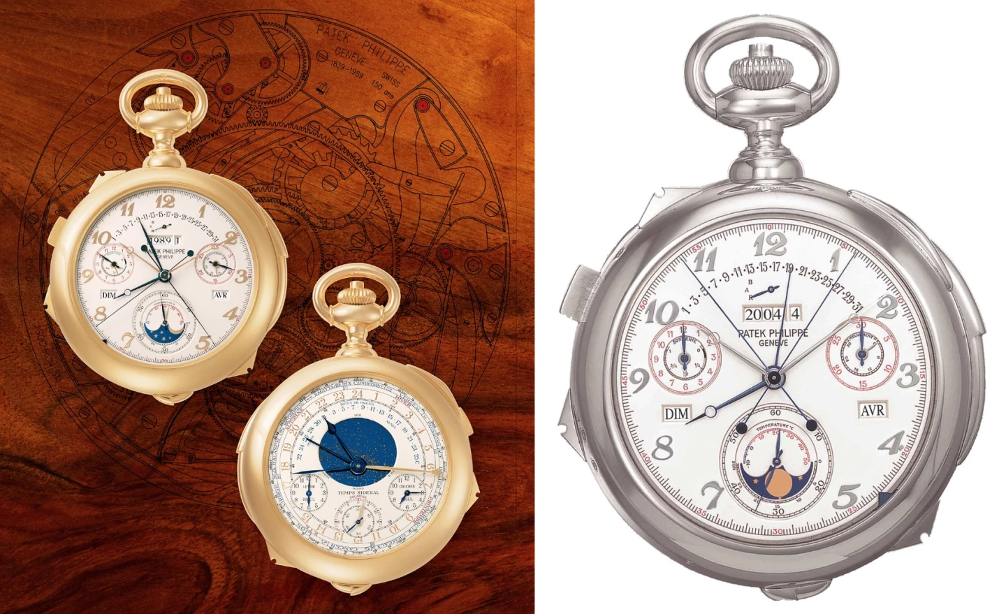 Also in the price range of Traité des Arbres Fruitiers are two Patek Philippe Calibre 89 Pocket Watches which both sold for more than $5 million, one in yellow gold for SFr 5,120,000 ($5,059,789) at an Antiquorum (Geneva) auction in November, 2009 and one in white gold for SFr 6,603,500 ($5,034,290) at an Antiquorum (Geneva) auction in April, 2004. The world's most complicated watch from 1933 until 1989 was the Patek Philippe Graves Supercomplication with 24 functions (see below). Then, in 1989 to celebrate the company's 150th Anniversary, Patek Philippe produced this watch which has 33 complications and just four were made; one each in white gold, yellow gold, rose gold and platinum. The Calibre 89 was recently superceded as the world's most complex watch.