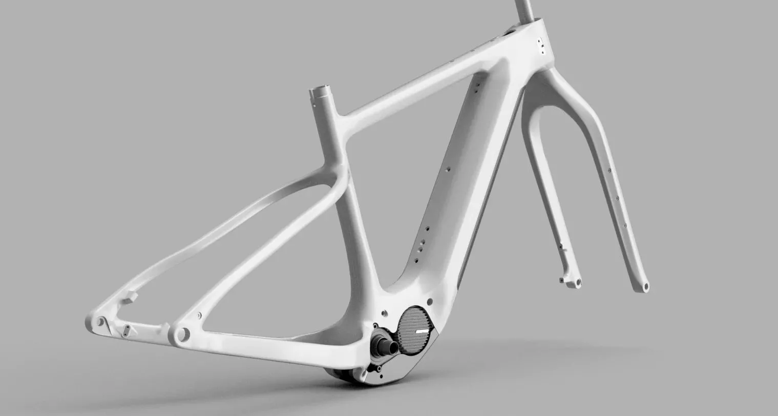 The Explorer Peak's full carbon frame, shown here with a rigid carbon fork