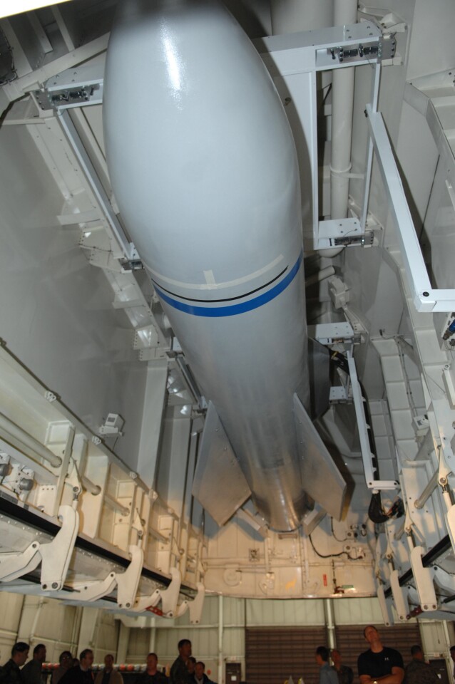 The GBU-57A/B loaded into mock-up of the bomb bay of a B-2 Spirit