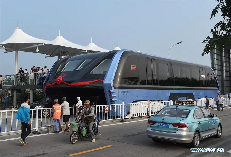 The Elevated Transit Bus on the street in Qinhuangdao, China