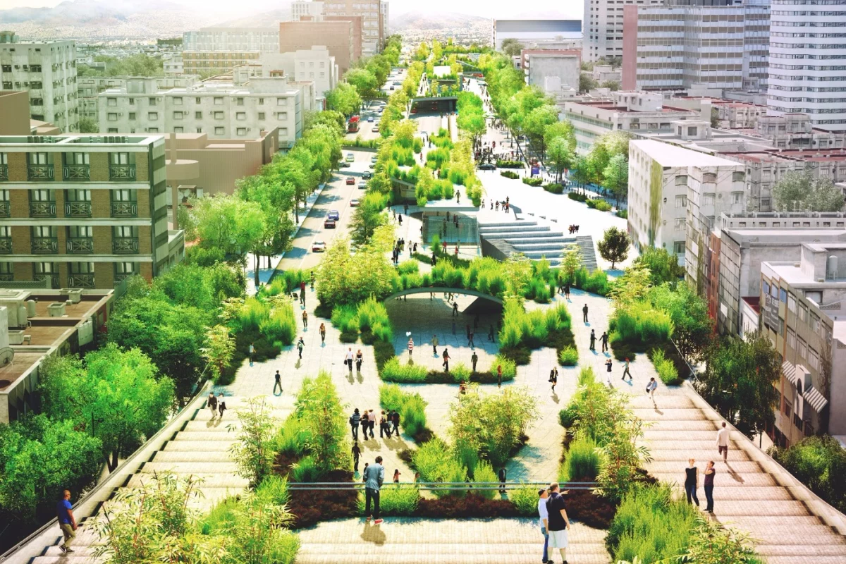 A main pedestrian promenade will run along the center of the avenue