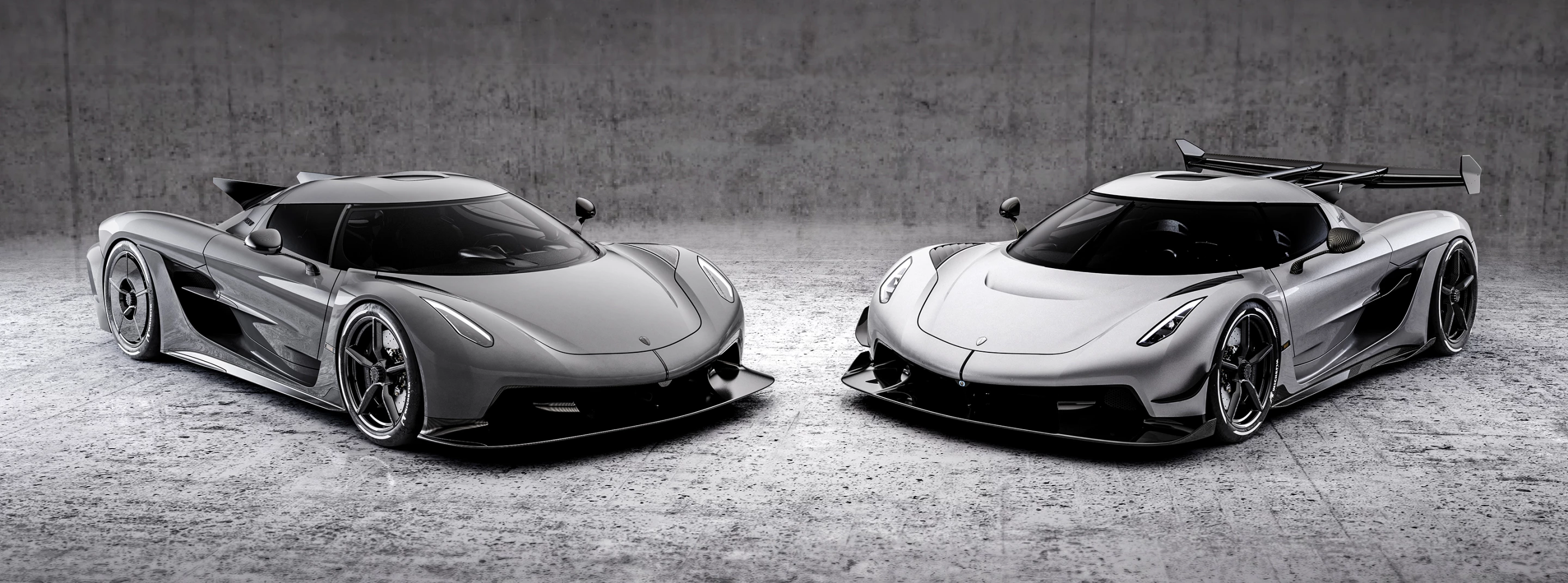 Left: the Jesko Absolut, designed purely for top speed. Right: the standard Jesko, with bigger active aeros and a focus on downforce