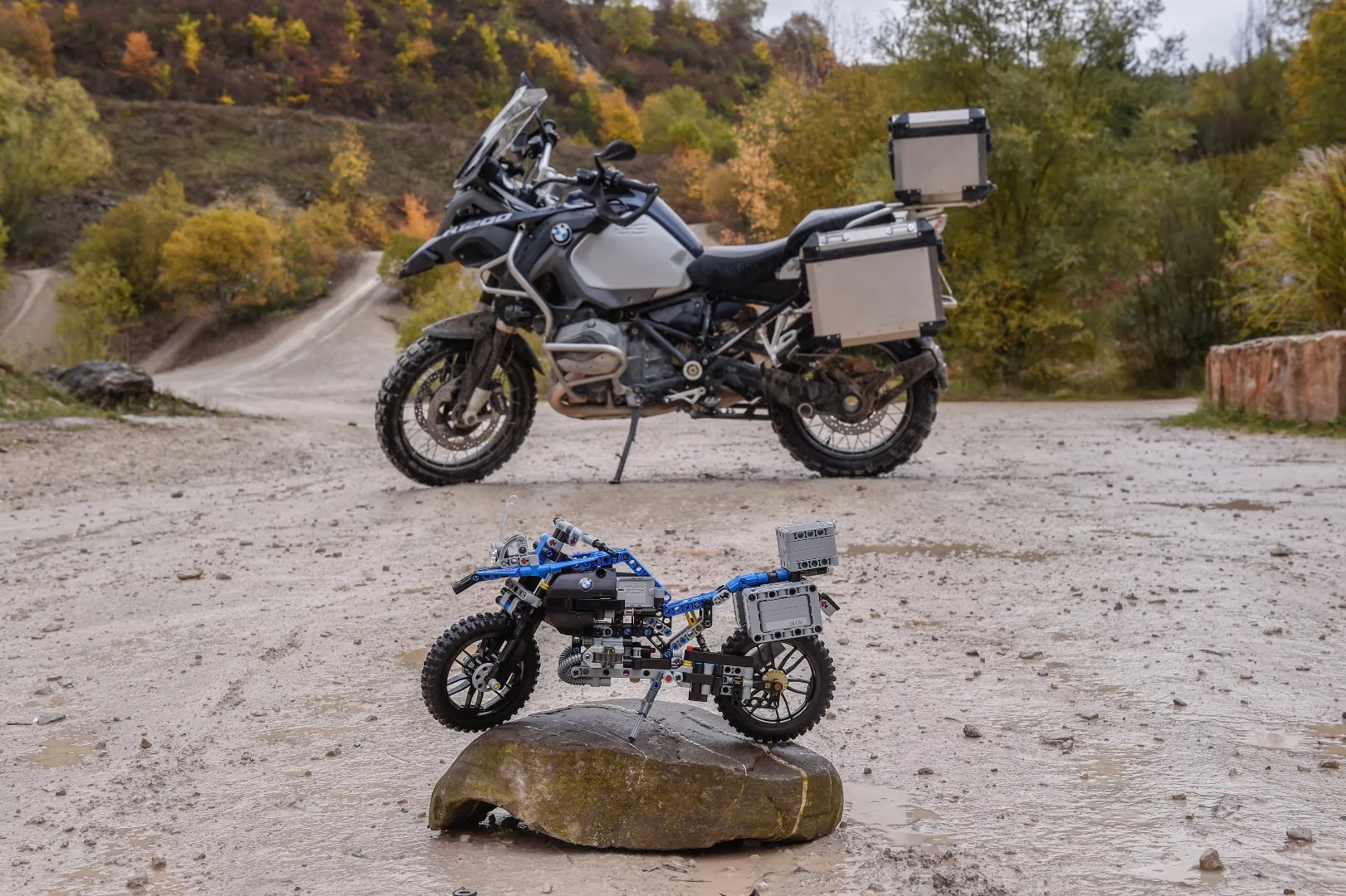 The Lego R1200 GS alongside its full-size counterpart