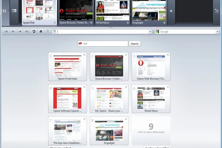 Dragging a handle underneath the tabs reveals thumbnail representations of open tabs
