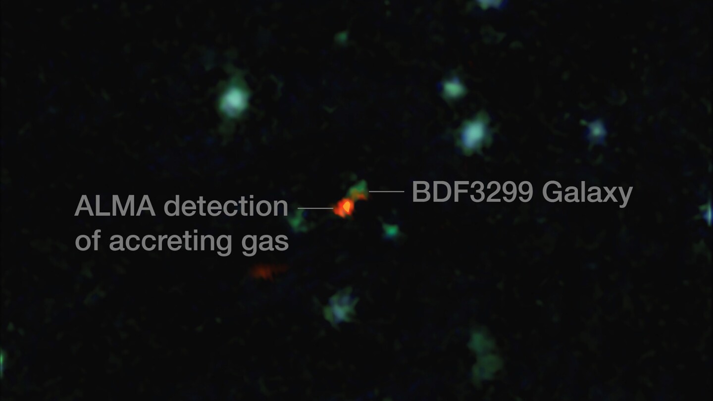 Focusing in on the galaxy BDF 3299, the team used ALMA to pick up a faint signal from the glowing carbon