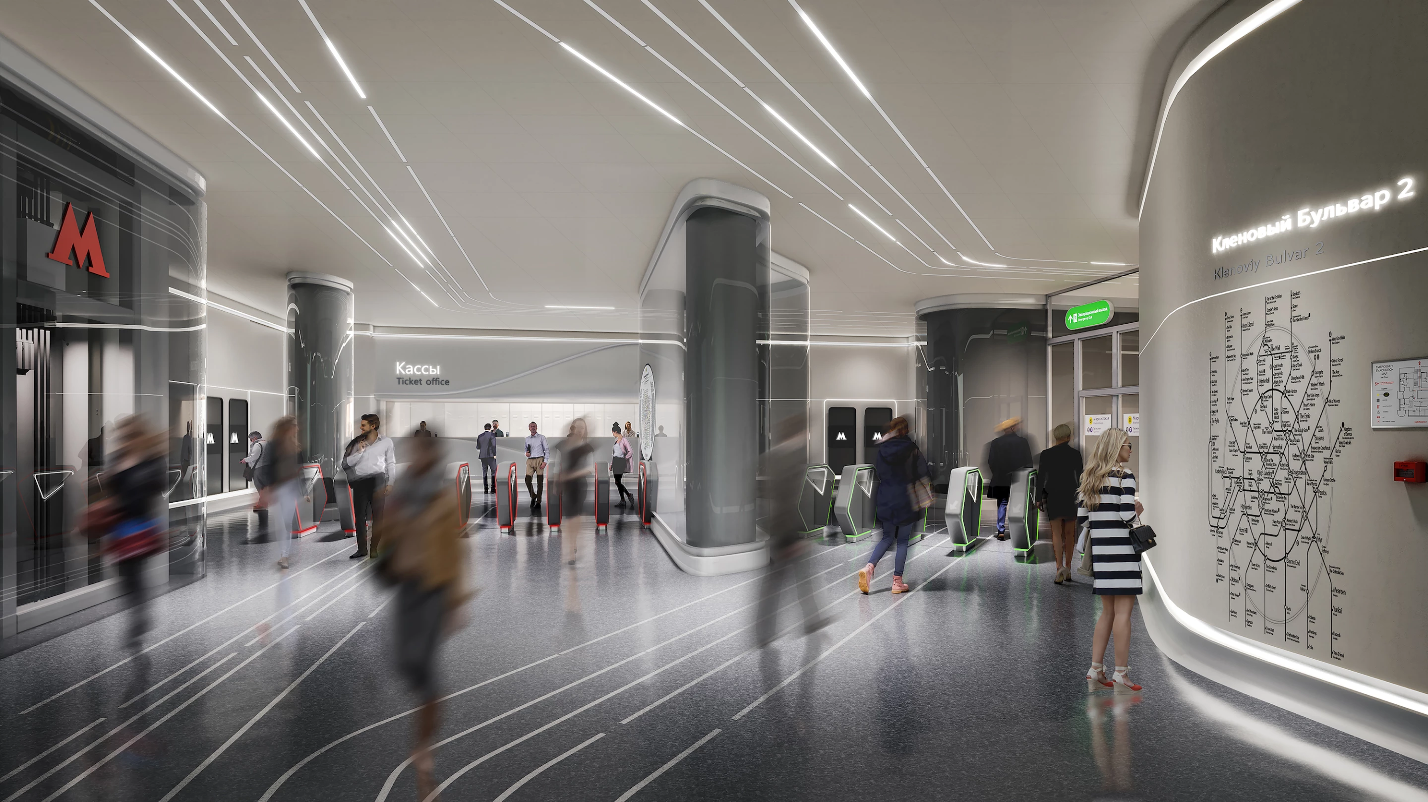 A render depicting Klenoviy Boulevard Station 2's ticket area