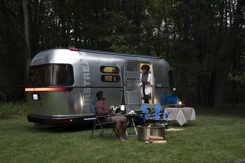 At camp, the Airstream eStream could park via app-based remote control and power equipment with its large automotive battery and roof-integrated solar
