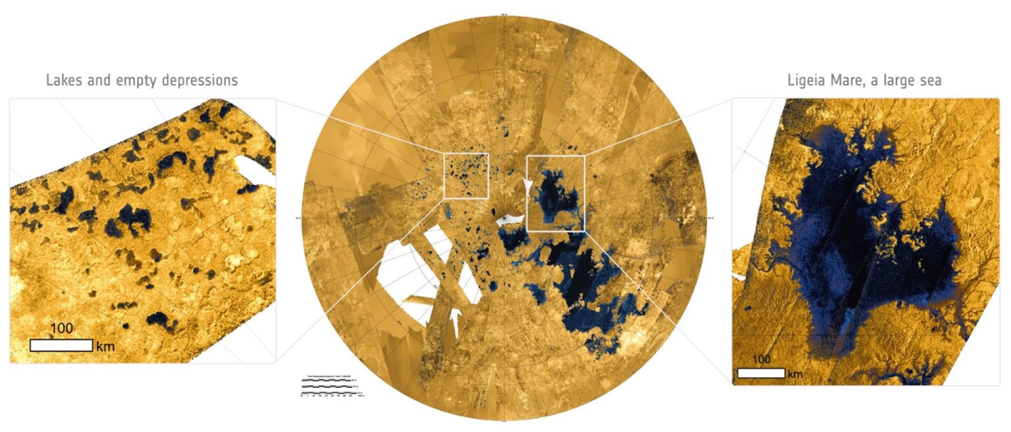 A radar image of Titan's north polar region can be seen in the center, with numerous small lakes enlarged on the left, and the large sea which forms the focus of the new study seen on the right