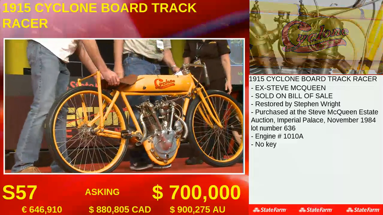 Watching the Cyclone formerly owned by Steve McQueen race to a world record on the internet was exciting, even if the action was so fast that toilet breaks were out of the question. The Mecum interface sadly doesn't reflect the current bid, but rather the asking price for the next bid, so it's sometimes difficult to follow.