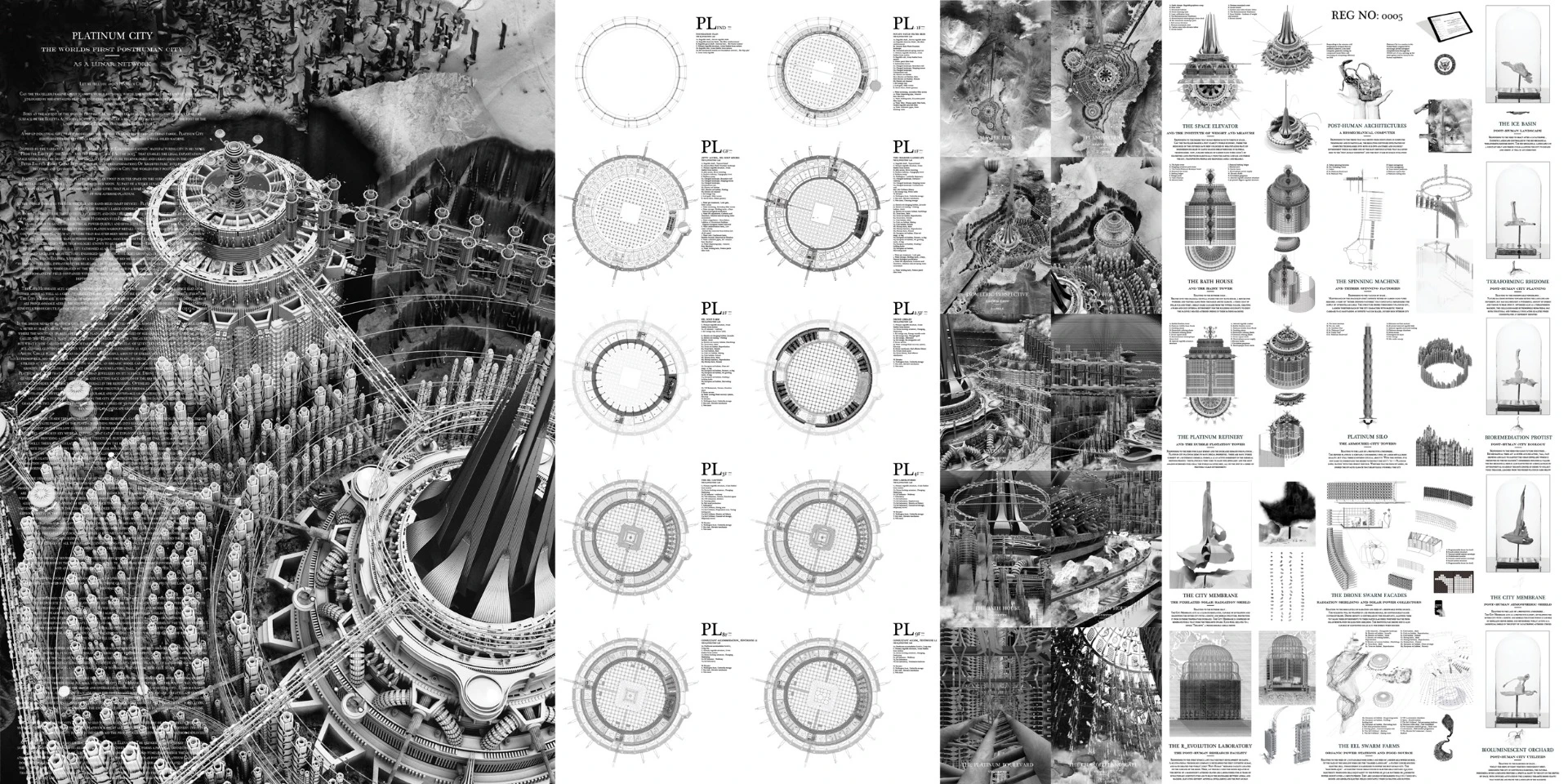 Special Recognition - Platinum City. Designer notes: "Born at the advent of the worlds first post-human industry of asteroid mining, sat proudly upon the surface of the Rosetta Asteroid located in the depths of a magnificent asteroid crater at the foot of the 1,700-meter high Putoran Mountains lies Platinum City! A pop up industrial city that embodies bio-mechanical characters within its urban fabric, Platinum City exists somewhere between a pristinely manicured garden and a well-oiled machine. Through constant energetic adjustments the biomechanical and majestic regolith architectures respond to stimulus of the celestial environment and develop solutions to scenarios as they arise in real time."