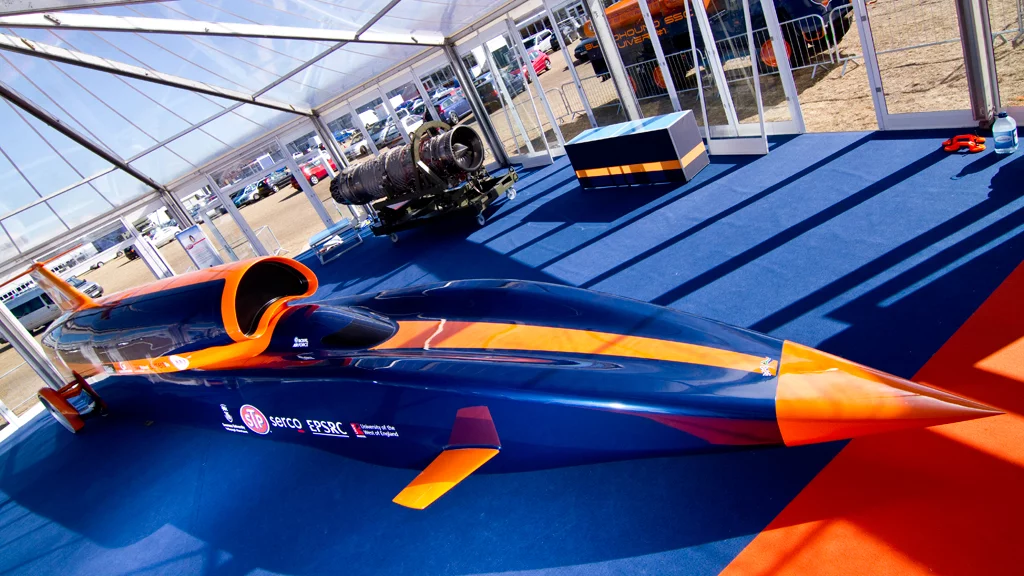 The full size, full length BLOODHOUND SSC show car unveiled at Farnborough (Image: Nick Haselwood)