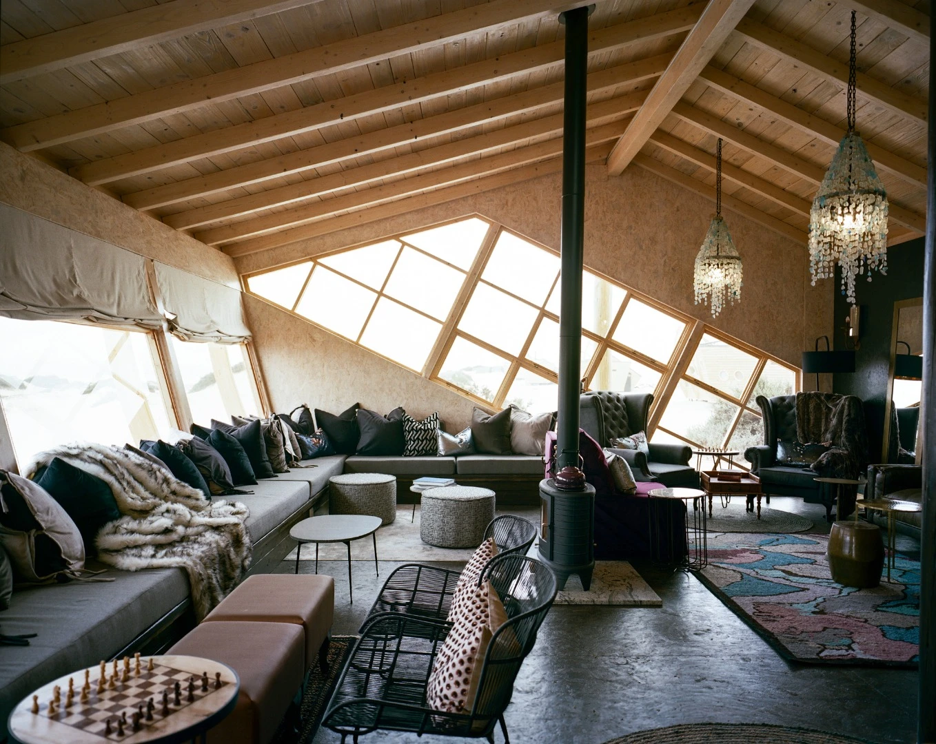 Inside the cabins at Namibia's Shipwreck Lodge, guests find a wood burner stove and an ensuite