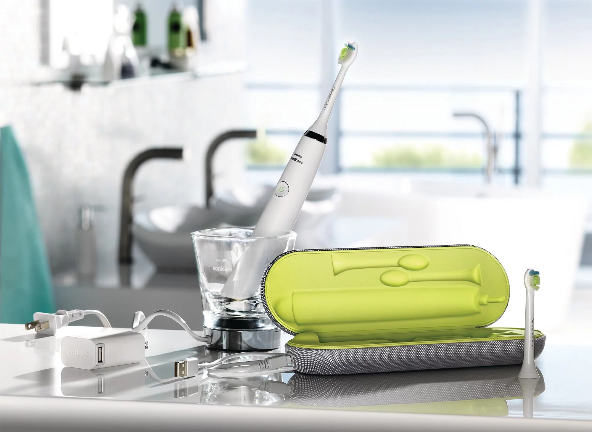 The Philips Sonicare DiamondClean Toothbrush with charging glass and USB travel charger